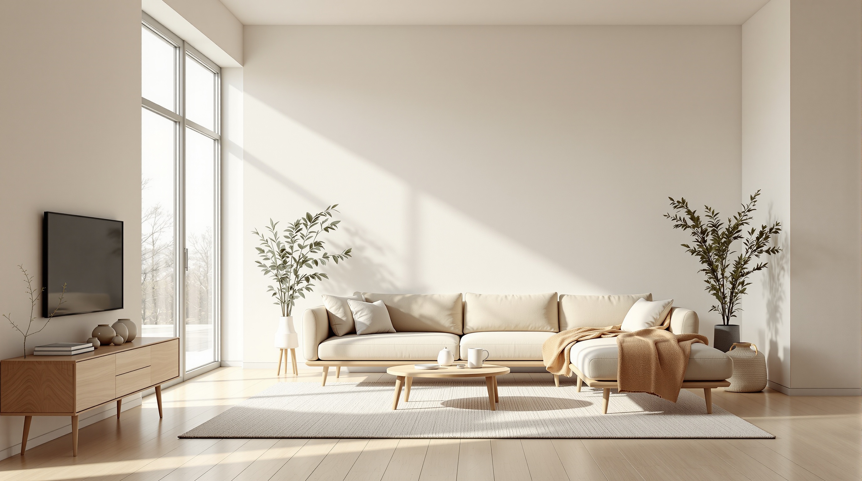 Modernes Wohnzimmer mit großen Fenstern und skandinavischen Holzmöbeln