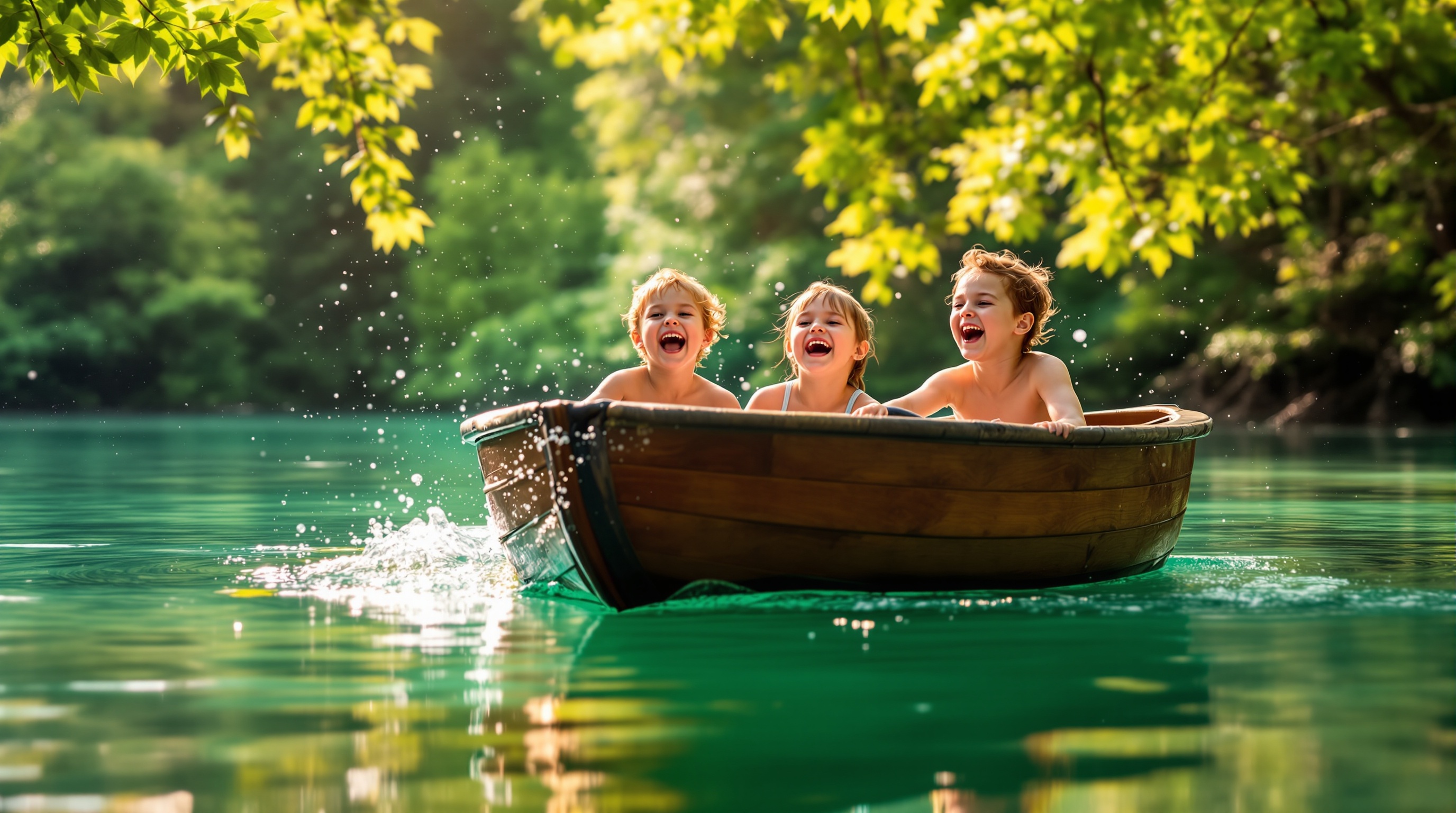 Untergehäftet in einem Waldsee mit Spielboot