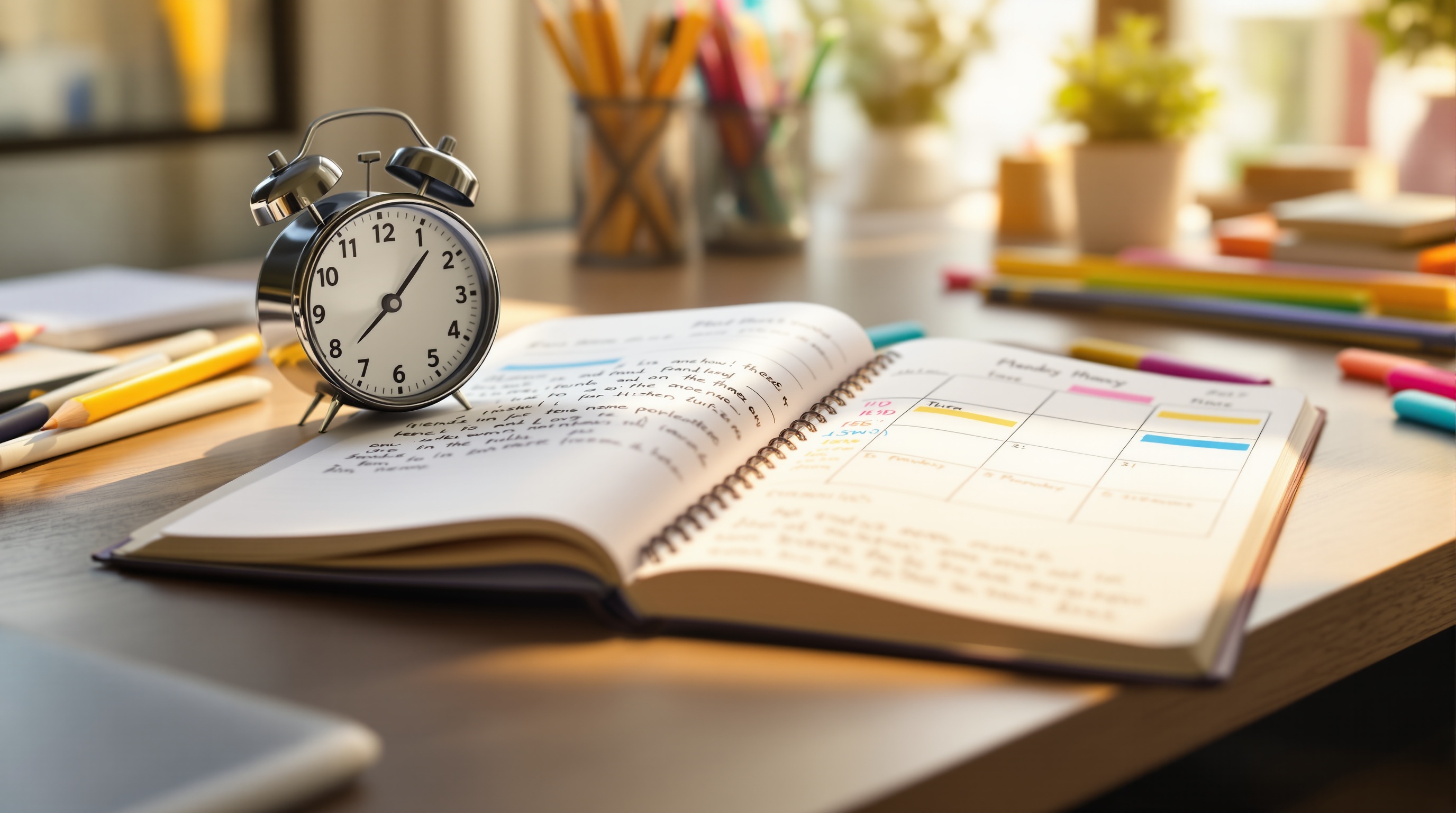 Schreibtisch mit Timer, Notizbuch und farbigem Wochenplaner für strukturiertes Lernen