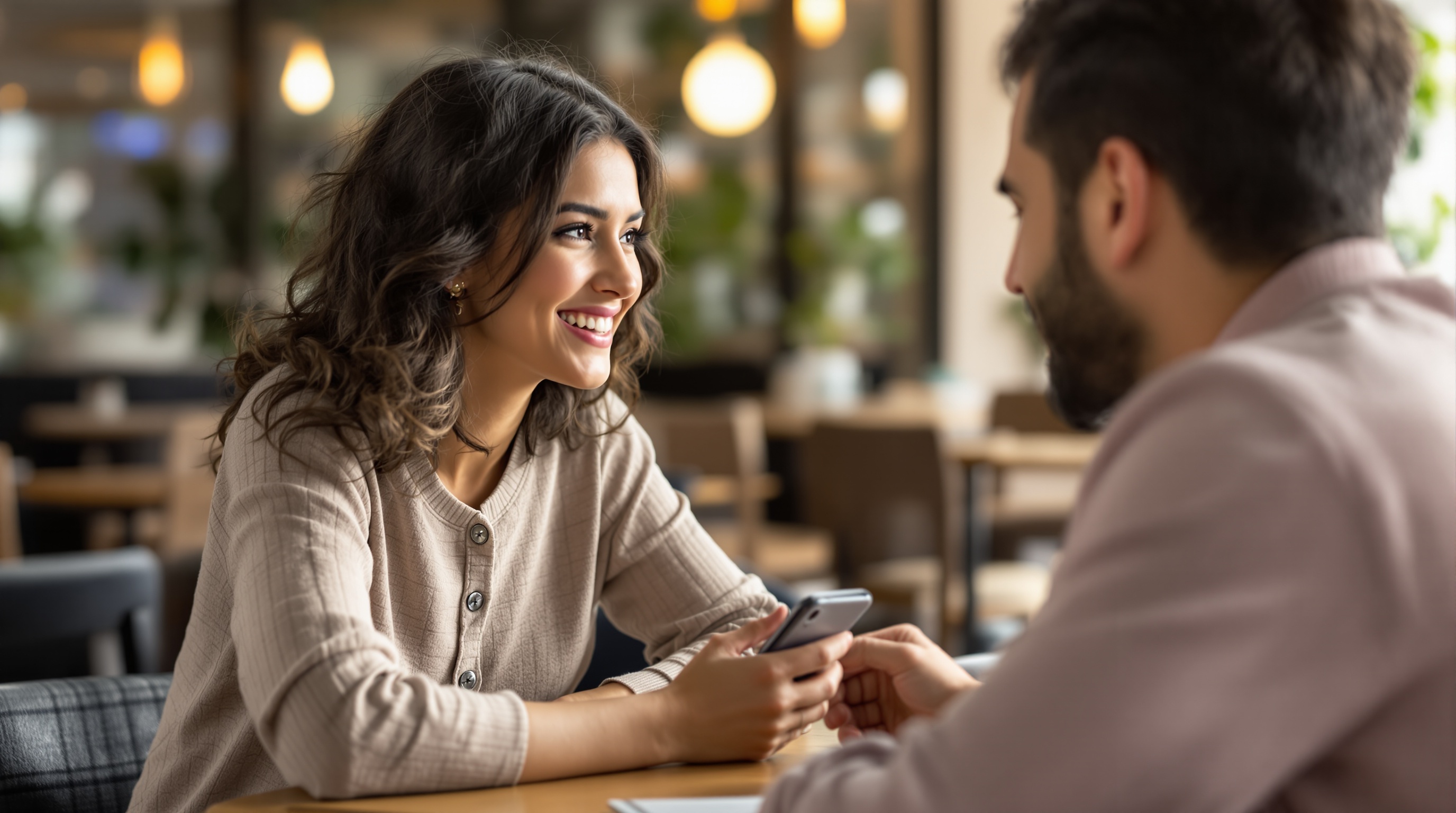 Zwei Personen im Café beim Gespräch, Smartphone liegt unbeachtet auf dem Tisch