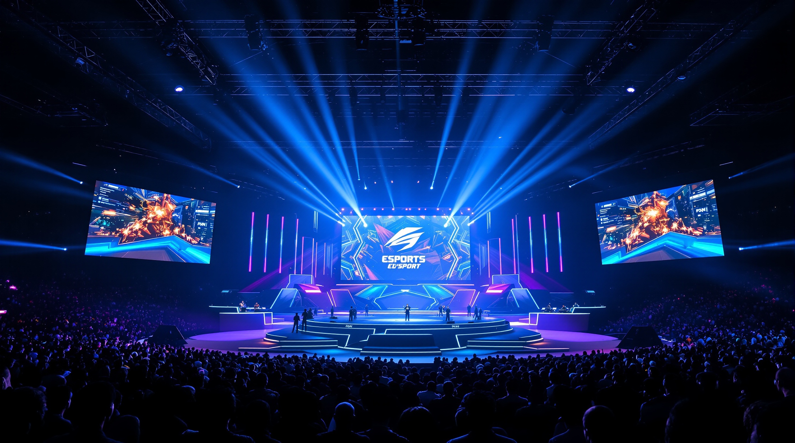 E-Sports-Turnier mit Großbildschirmen und professionellen Gamern auf beleuchteter Bühne